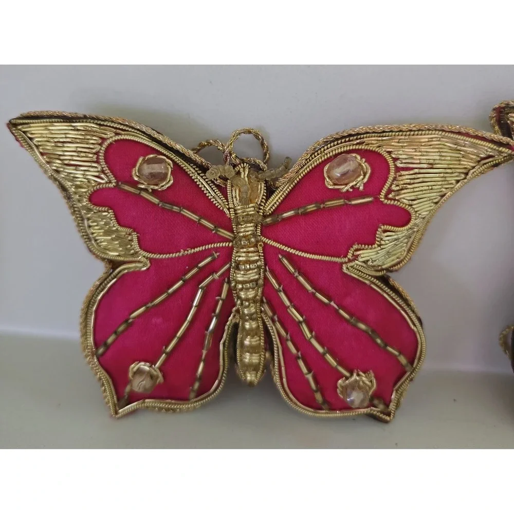 Vtg Butterfly Christmas Ornaments Decorative Pink‎ Gold Thread Beaded Set Of 2
